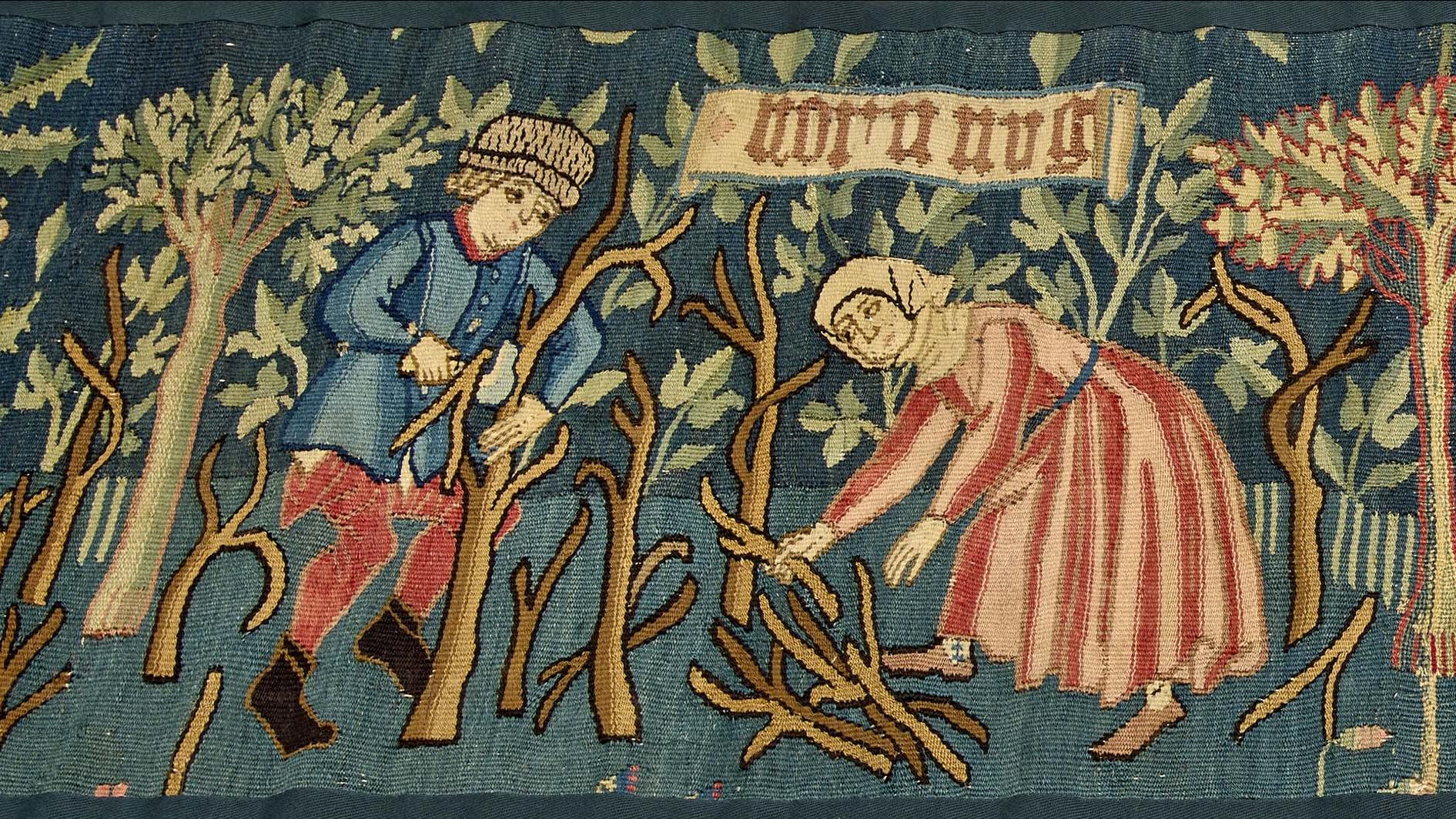 Détail d'une tapisserie représentant une scène paysanne, avec plusieurs personnages