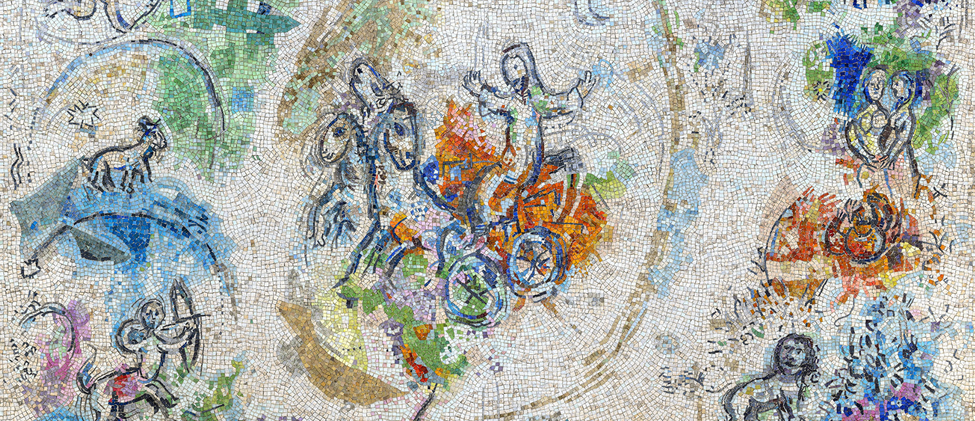 mosaïque représentant des personnages, animaux, anges, en couleurs, dans une ronde