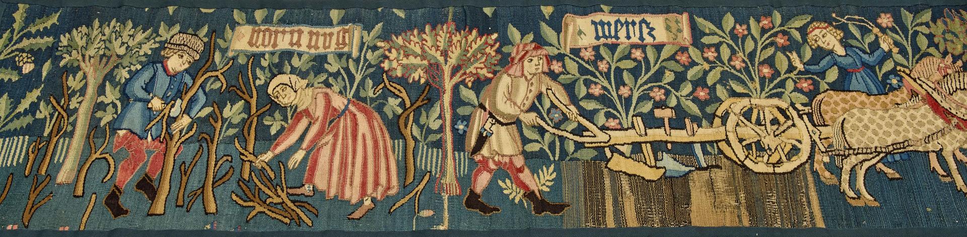 Détail d'une tapisserie représentant une scène paysanne, avec plusieurs personnages