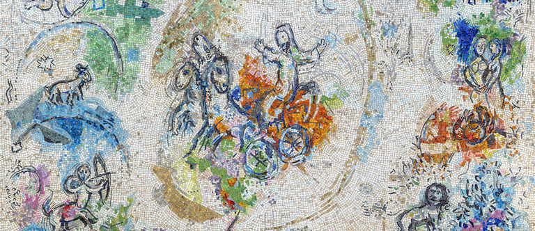 mosaïque représentant des personnages, animaux, anges, en couleurs, dans une ronde