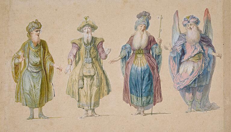 Claude Gillot, Quatre études de costumes de ballet pour Plutus et Le Temps pour l’opéra ballet « Les Éléments » (détail), vers 1718-1720, plume et encre noire, traits de sanguine, aquarelle et rehauts de gouache sur papier beige. Paris, musée du Louvre, département des Arts graphiques © GrandPalaisRmn (musée du Louvre) / Michel Urtado 