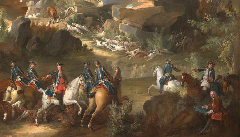 Cerf aux abois dans les rochers de Franchard, forêt de Fontainebleau