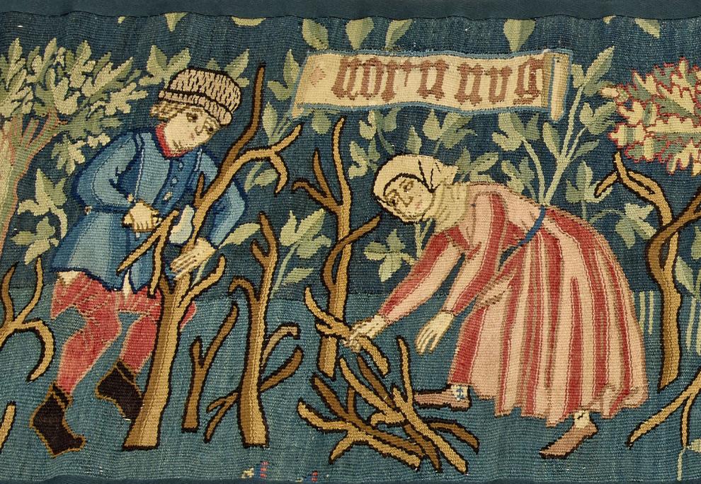 Détail d'une tapisserie représentant une scène paysanne, avec 2 personnages