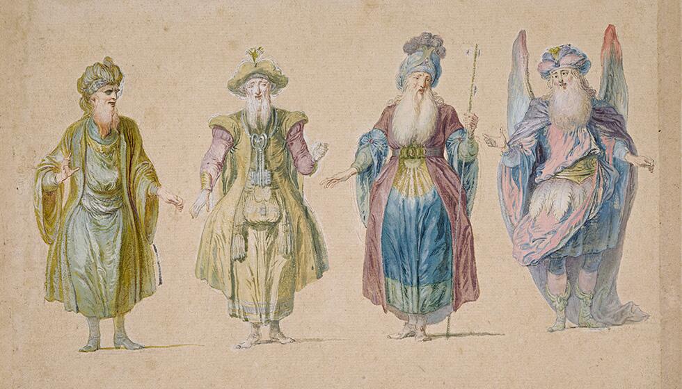 Claude Gillot, Quatre études de costumes de ballet pour Plutus et Le Temps pour l’opéra ballet « Les Éléments » (détail), vers 1718-1720, plume et encre noire, traits de sanguine, aquarelle et rehauts de gouache sur papier beige. Paris, musée du Louvre, département des Arts graphiques © GrandPalaisRmn (musée du Louvre) / Michel Urtado 